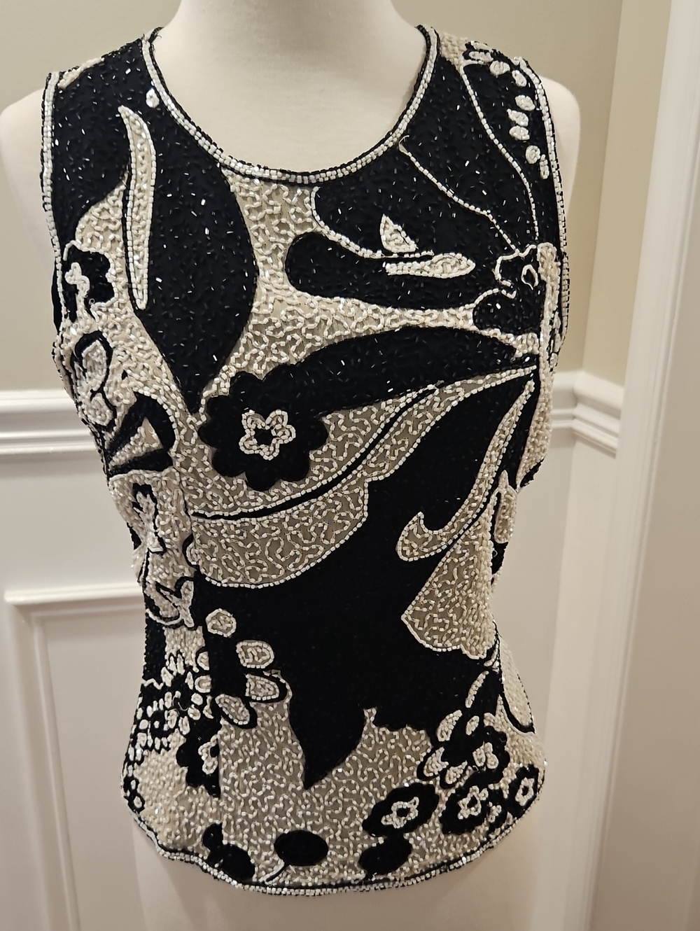 Beaded Black & Ivory Sleeveless Embellished Top